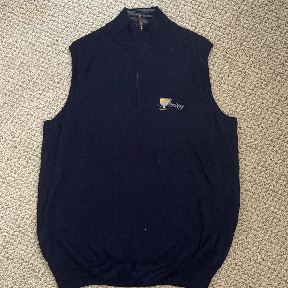 Bobby Jones Navy Sleeveless 1/4 zip Sweater Vest with Presidents Cup Logo.